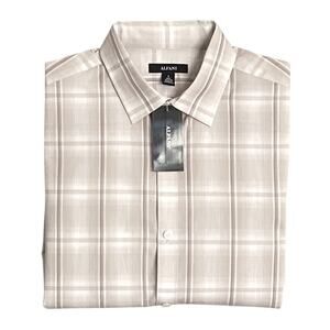 Alfani Men's Small Button-Up Dress Shirt Light Brown Window Pane Cotton NEW